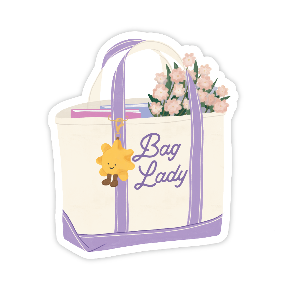 Cute tote bag sticker with lavender straps, flowers, and books